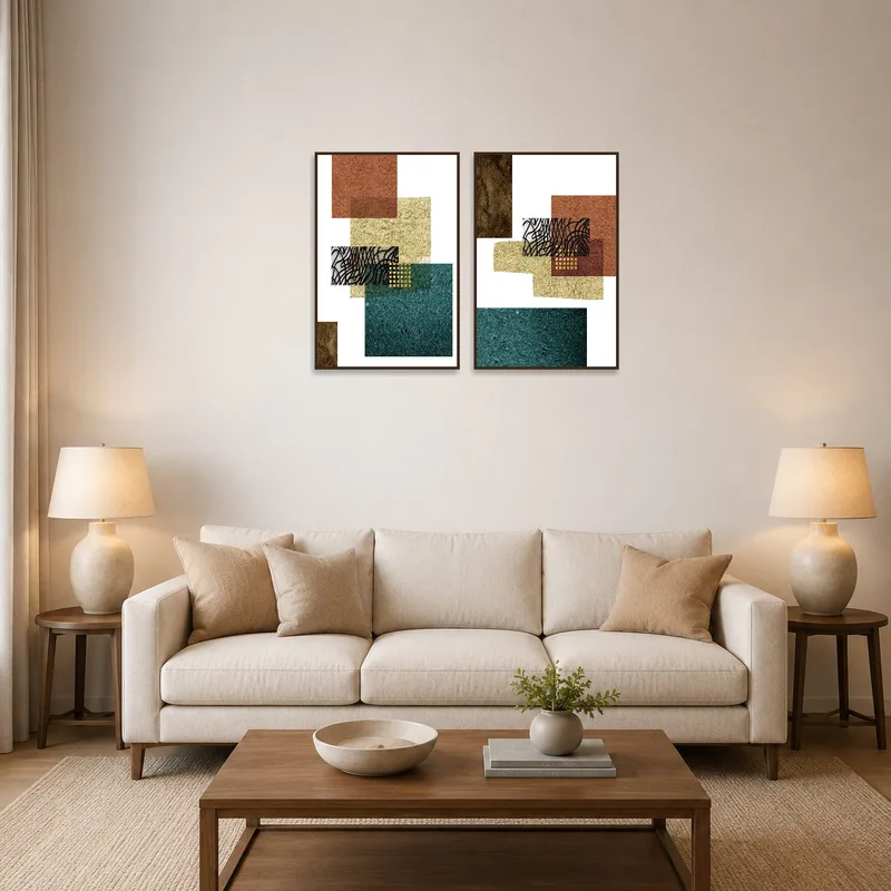 A set of two abstract geometric pieces on a living room wall.