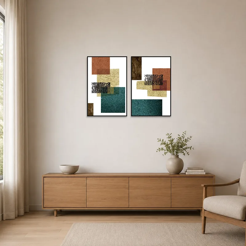 Minimalist room displaying two textured abstract geometric artworks.