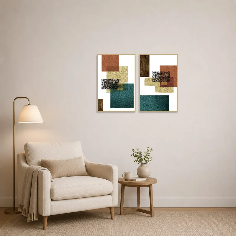 Reading corner with a set of two abstract geometric artworks.