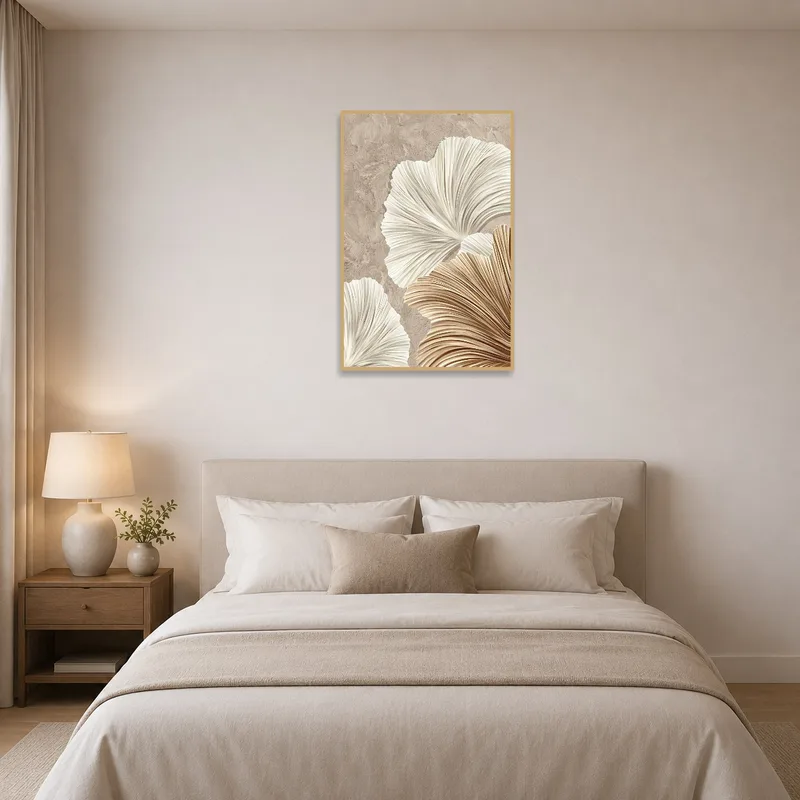 Soft, neutral floral abstract art creating a calming bedroom atmosphere.