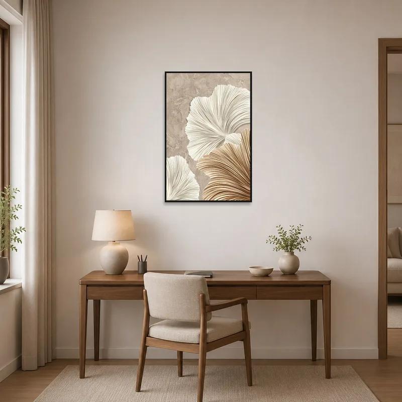 Abstract floral art inspiring creativity in a stylish home office.