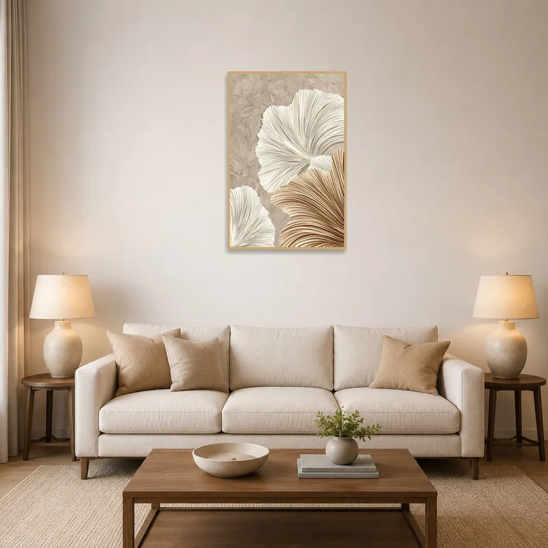 Textured abstract floral art displayed above a modern sofa in a cozy living room.