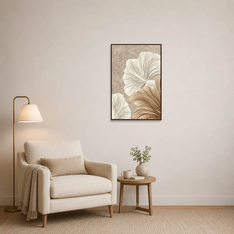 Textured floral artwork adding warmth to a tranquil reading corner.