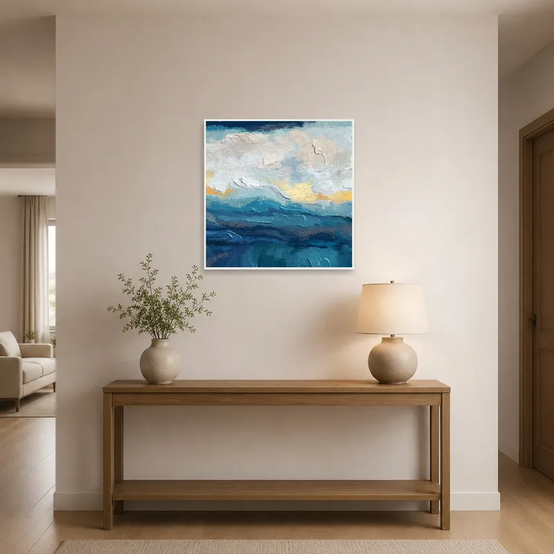 Abstract ocean-themed art piece brightens an entrance hall with neutral tones.