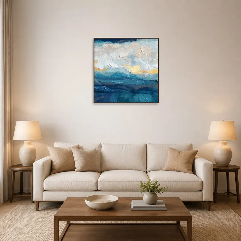 Abstract ocean blue artwork on a living room wall above a cozy sofa set.