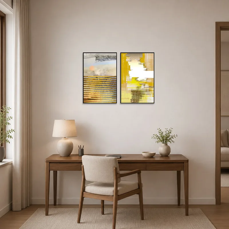 An abstract set with textured gold and earth tones adds sophistication to a home office.