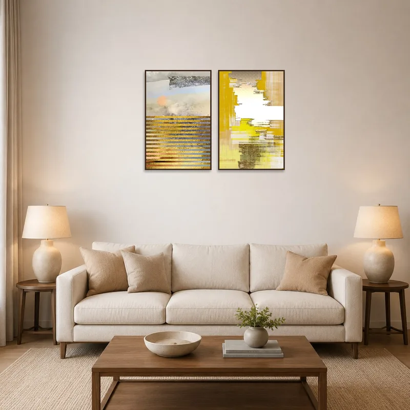 A textured abstract artwork in gold and earth tones adds elegance to a living room setting.