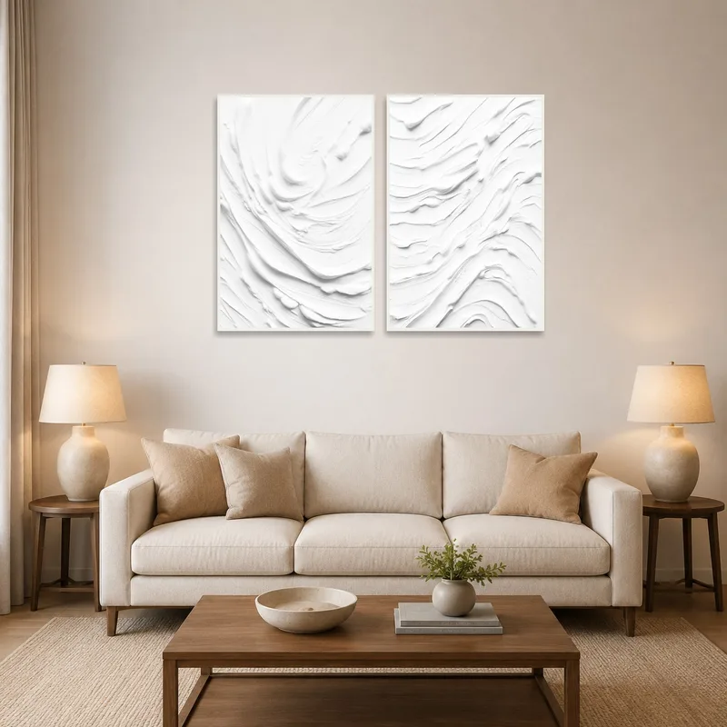 White abstract canvas set above a modern sofa in a cozy living-room.