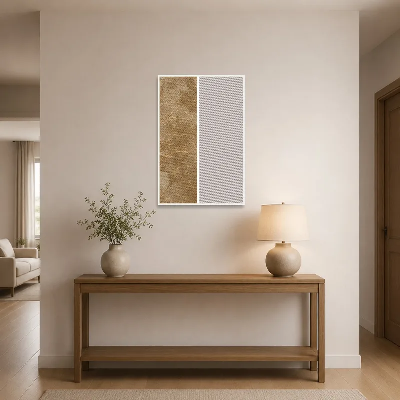 Textured art print enhancing the entrance hall's aesthetic.