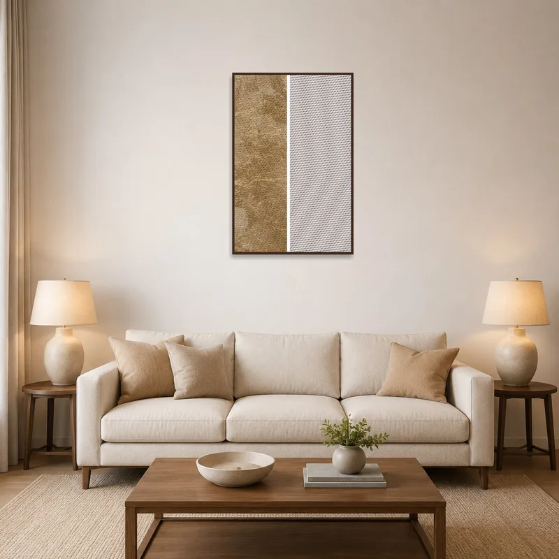 Abstract art print on the wall of a cozy living room with a sofa.