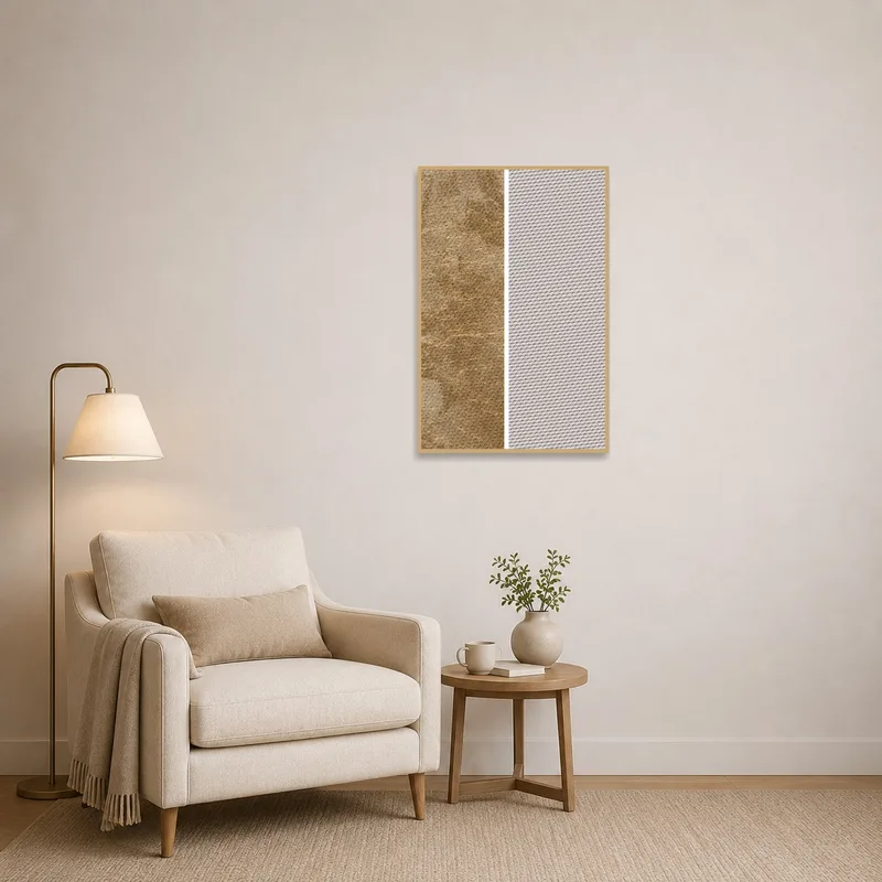 Abstract art adds visual interest to a reading corner area.