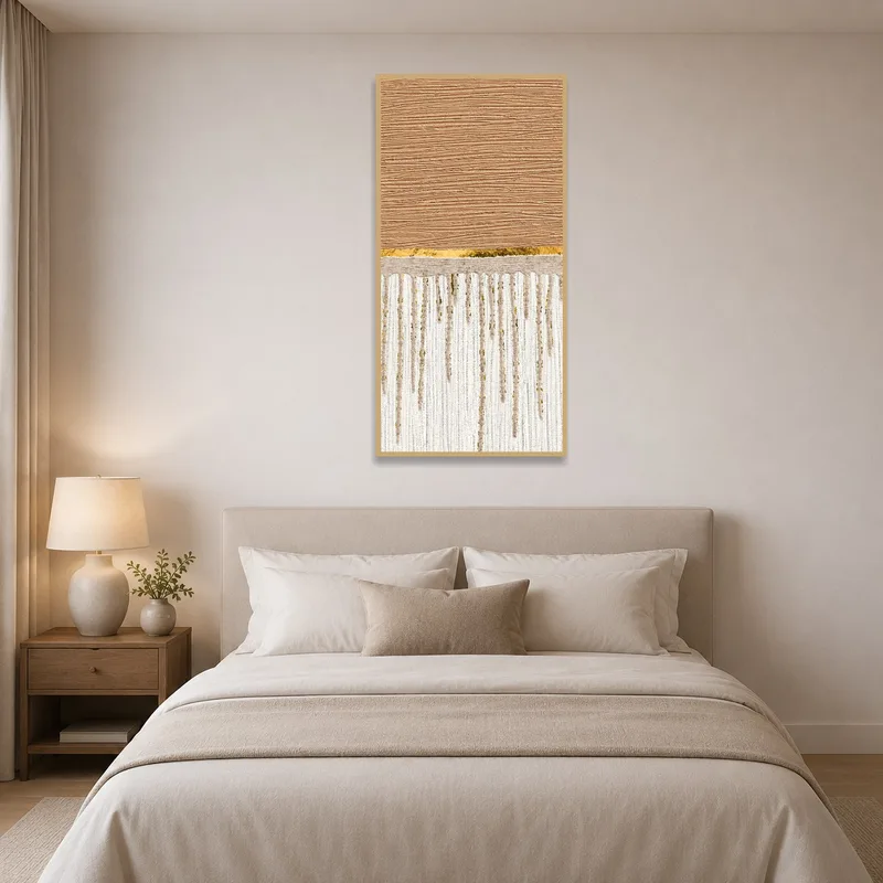 Bedroom displaying an abstract canvas with textured earthy tones.