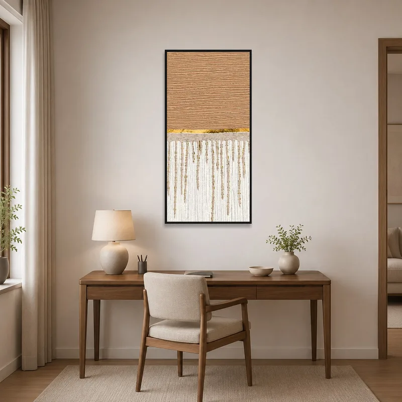 Home office with textured earthy tones abstract art on the wall.