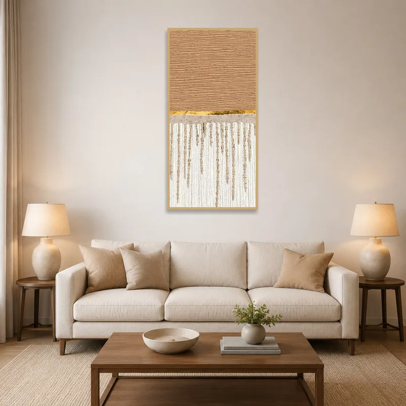Textured earthy tones abstract art in a living room with cozy seating.