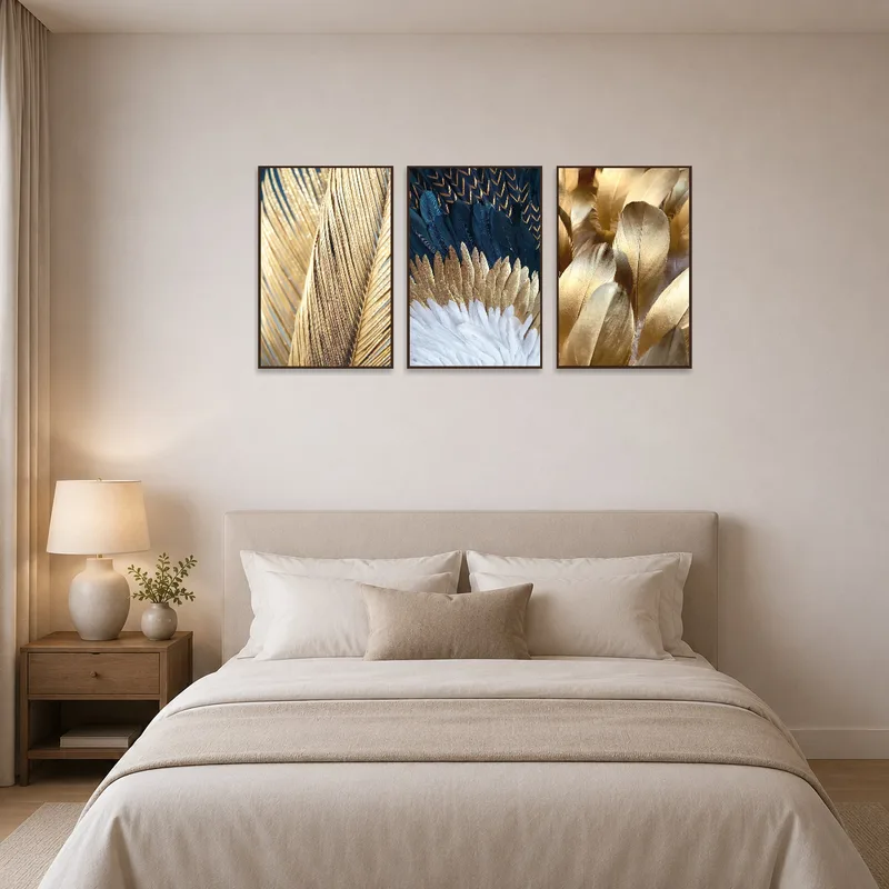 Feather close-up triptych adds a serene touch to the bedroom wall.