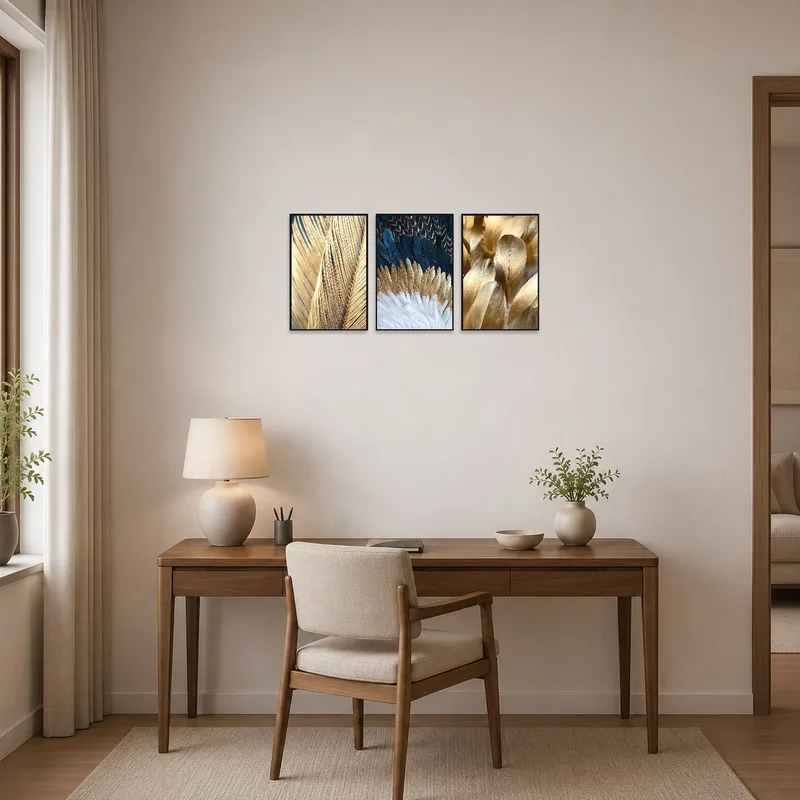 Feather artwork inspires creativity in the home office space.