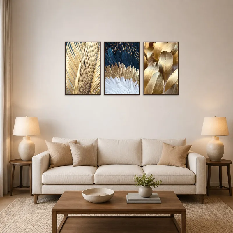 Triptych feather artwork displayed above a modern sofa in the living room.