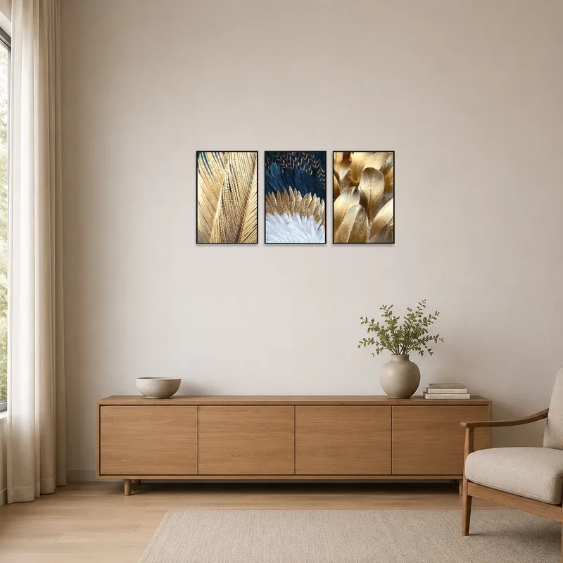 Feather triptych hangs in a simple, uncluttered minimalist room.