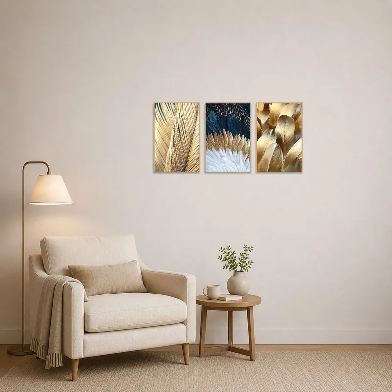 Elegant feather triptych enhances the cozy atmosphere of the reading corner.