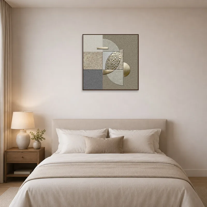 Bedroom wall showcasing a textured geometric art piece.