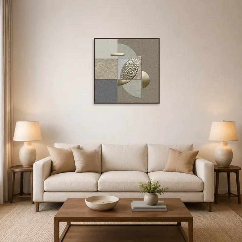 Abstract geometric print on a wall in a modern living room setting.