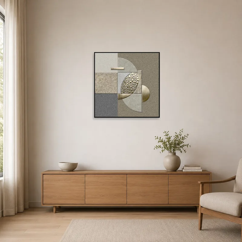 Minimalist room with a textured square geometric artwork displayed.