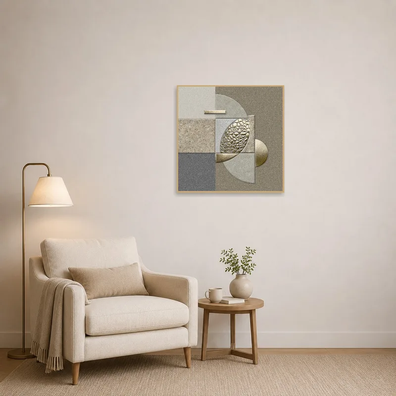 Cozy reading corner adorned with geometric abstract square print.