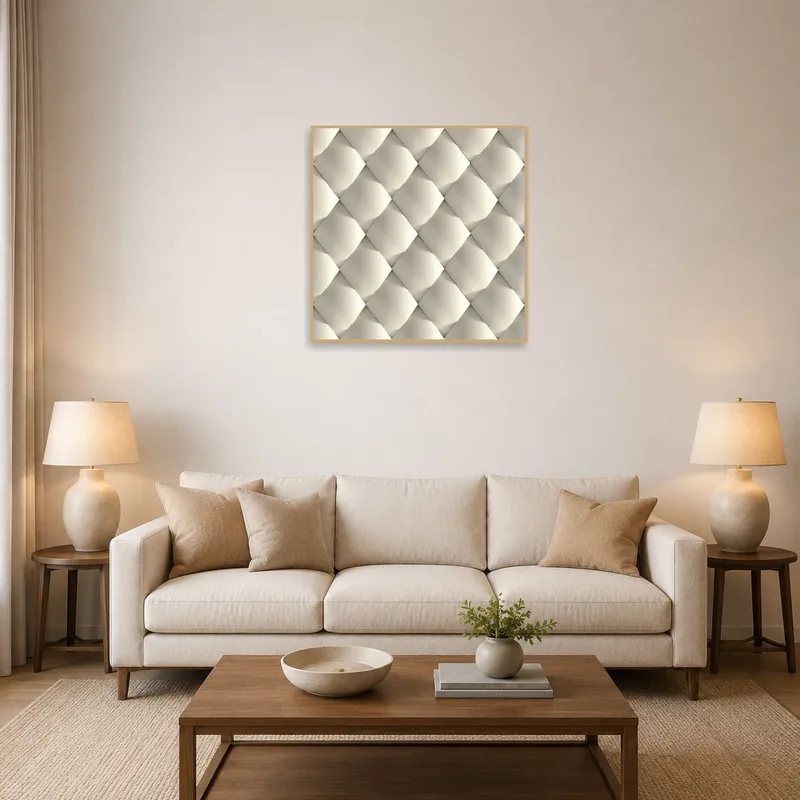 Beige geometric artwork accentuates the living room wall with modern sofas.