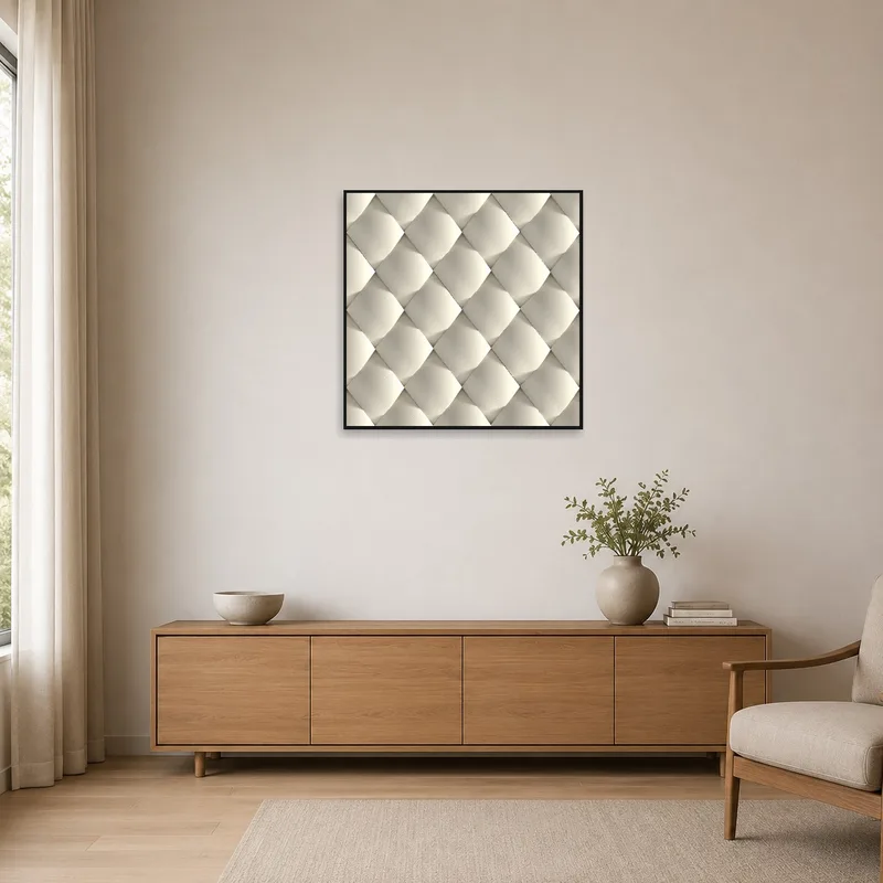 Minimalist room features soft beige geometric art on an uncluttered wall.
