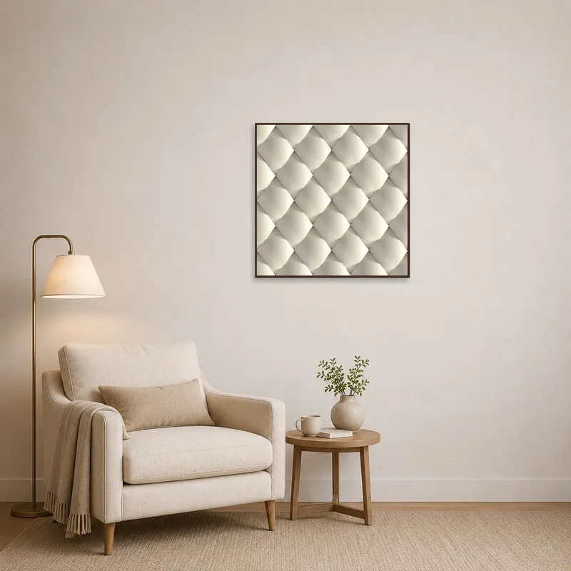 Reading corner enhanced by soft beige abstract geometric artwork.