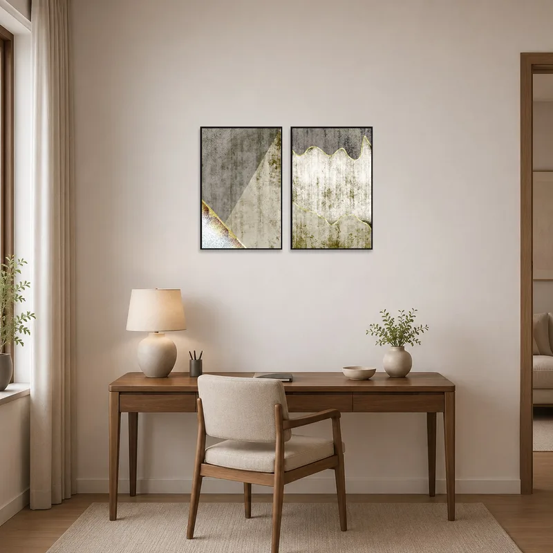 Home office enlivened with dynamic textured shapes combining geometry and nature.