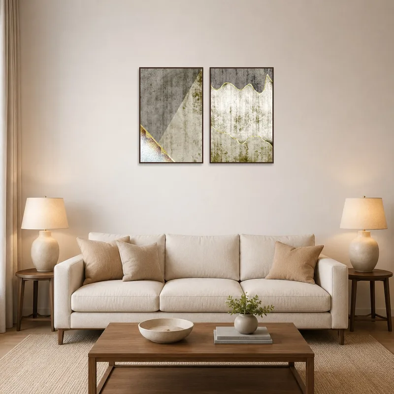 Geometric and organic forms set adds intrigue to a modern living room wall.