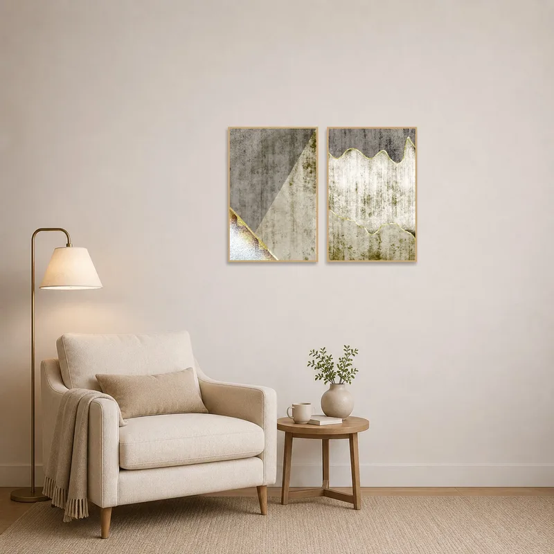 Reading corner brightened by the abstract mix of organic and geometric textures.