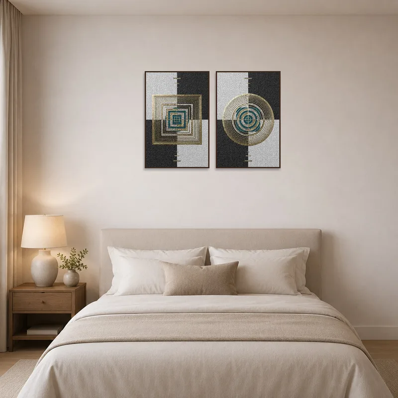 Gold and teal geometric art piece adds elegance to a bedroom wall.