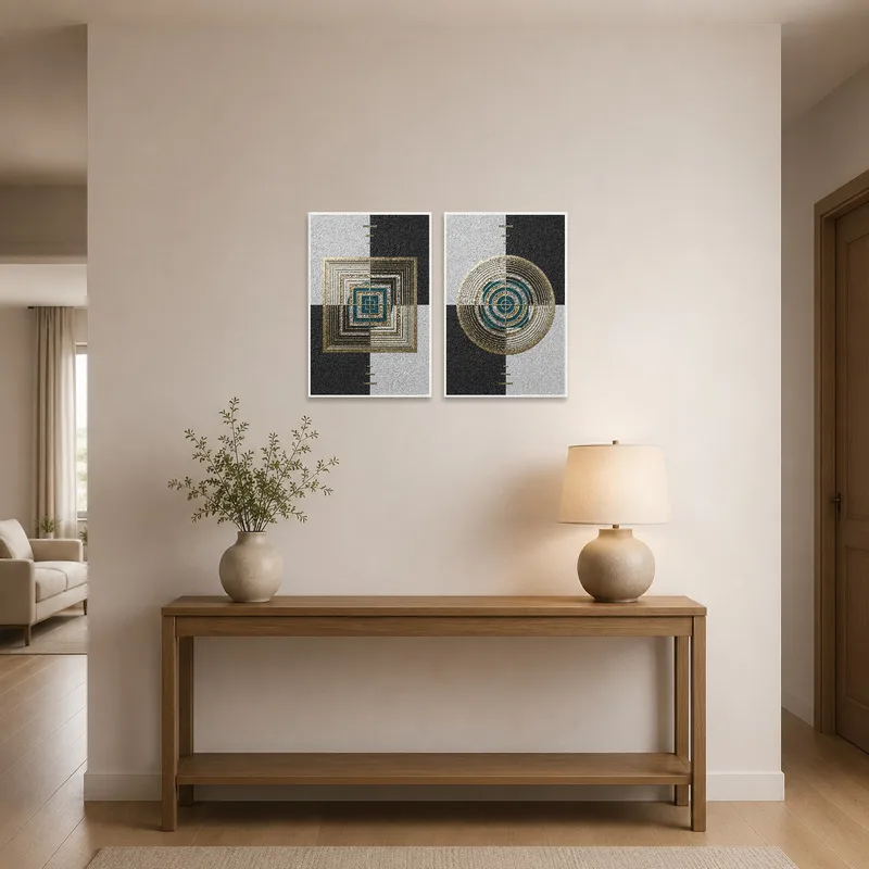 Eye-catching geometric gold and teal design greets at the entrance.