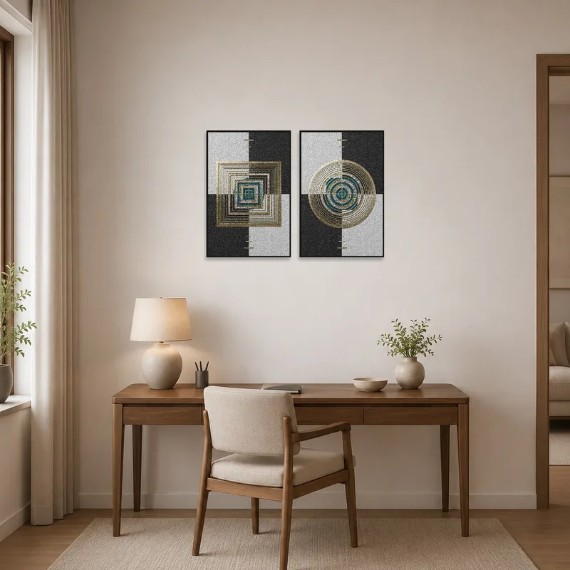 Geometric pattern art adds sophistication to a home office space.