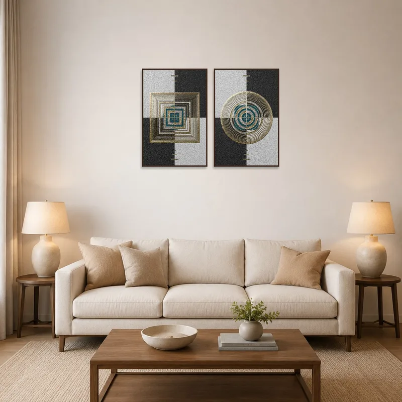 Geometric gold and teal artwork above a cozy living room sofa.