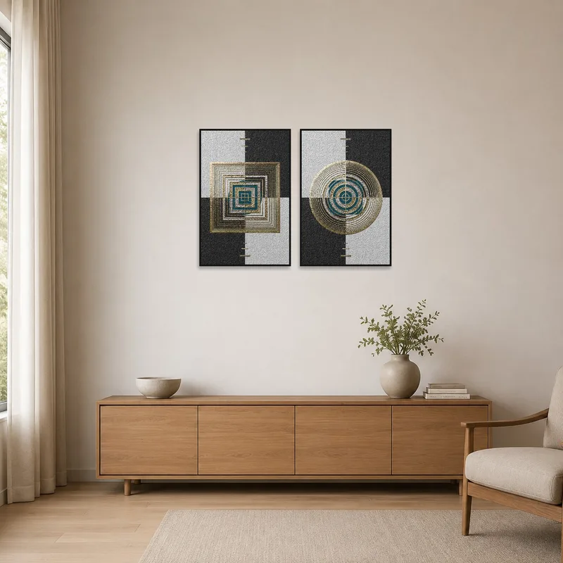 Simple room with textured gold and teal geometric patterns on the wall.