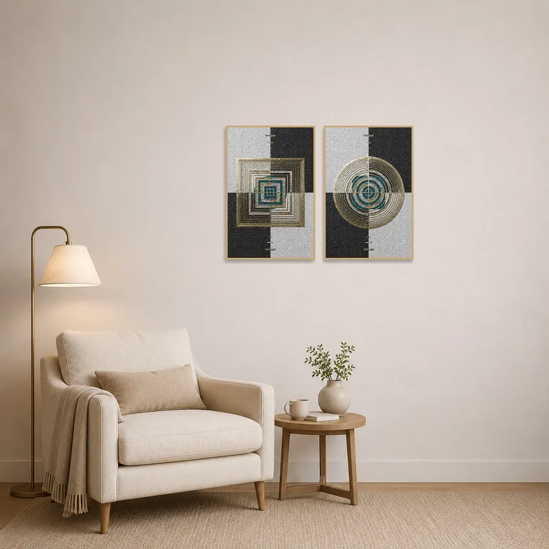 Textured geometric art enhances a quiet reading corner.