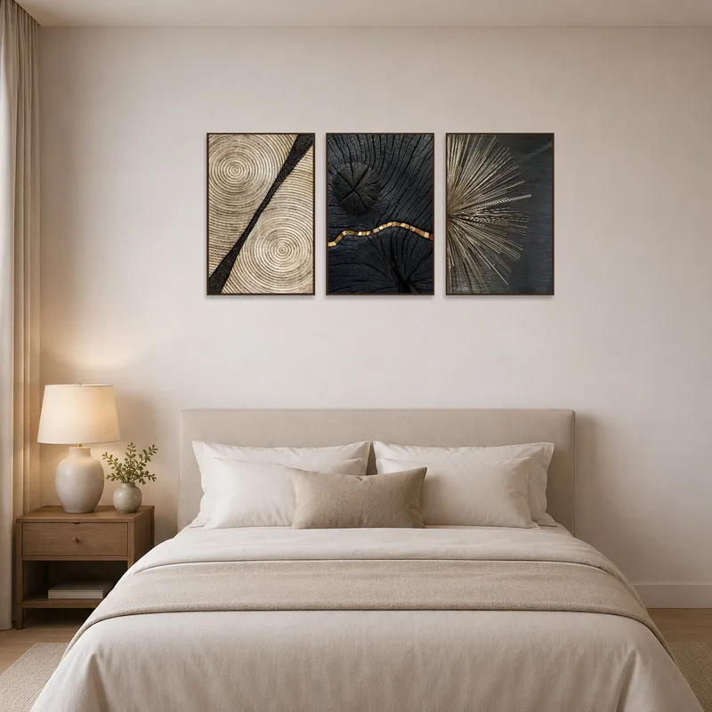 Warm-toned geometric triptych brings a soothing presence to a calming bedroom setting.
