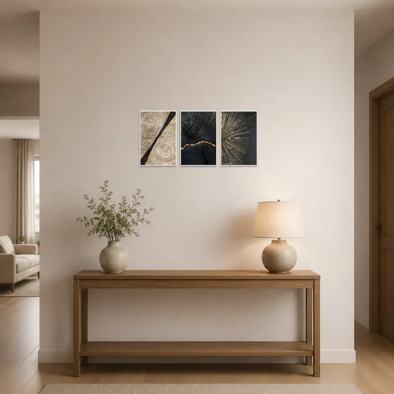 Earthy tone geometric triptych displayed in an entrance hall, adding warmth to the space.