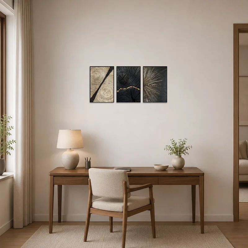 Home office wall showcasing a textured geometric triptych in earthy shades to inspire creativity.