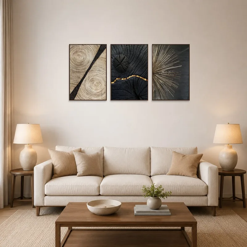 Triptych with earthy geometric design hanging in a modern living room above a neutral sofa.