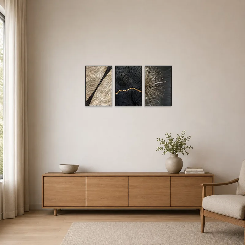 Minimalist room featuring a textured geometric triptych with warm earthy colors on a clean white wall.