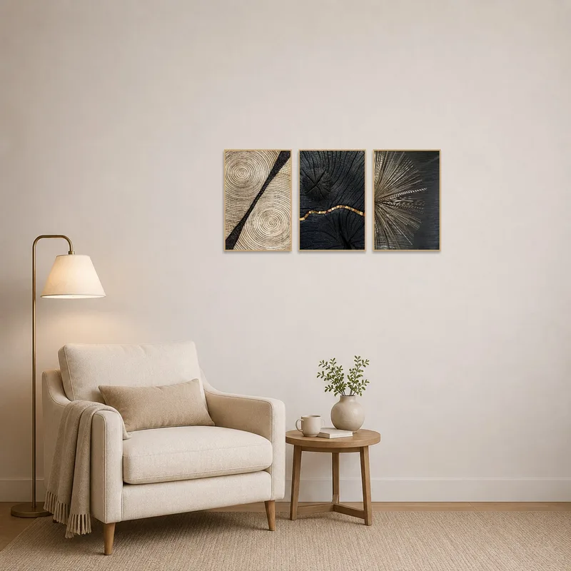 Textured geometric triptych with earthy tones enhancing a cozy reading corner ambiance.