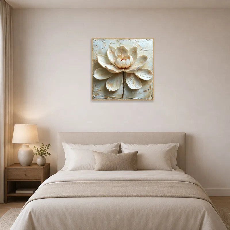 Creamy-hued lotus blossom brings tranquility to a soothing bedroom.