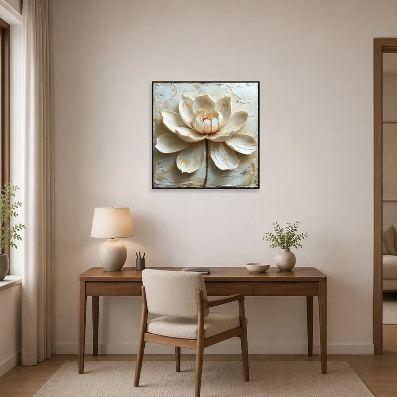Textured lotus blossom artwork inspires creativity in a home office.