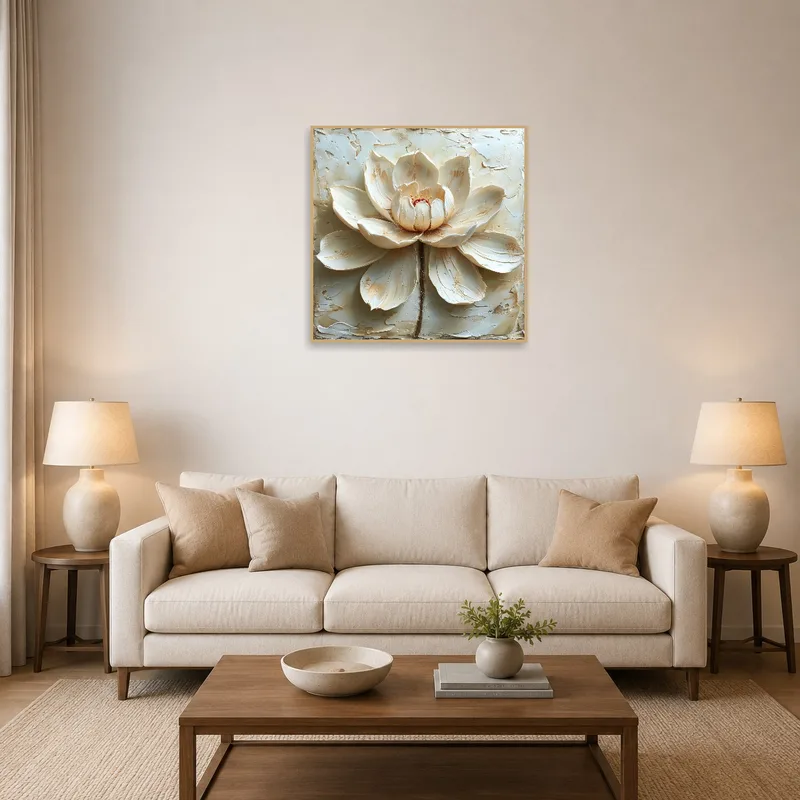 Textured lotus blossom in creamy hues adorns a cozy living room wall.