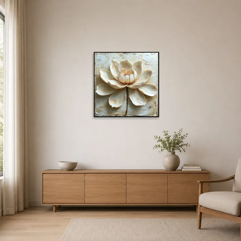 Creamy textured lotus artwork adds elegance to a minimalist setting.