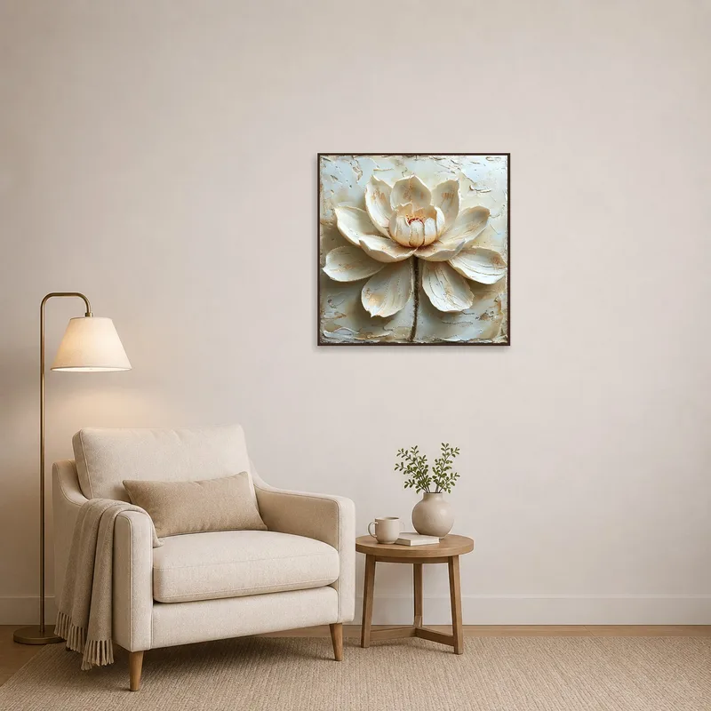 Textured lotus image enhances a cozy reading corner with serene vibes.